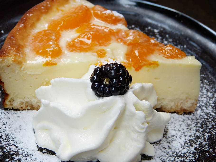 cheesecake, quark, cream, blackberry, plate, piece of cake, piece of pie, cake, bake, flour