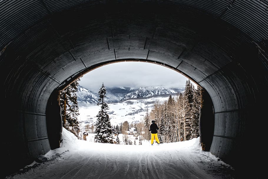 person, standing, tunnel, snow, nature, trees, winter, mountains, skiing, people