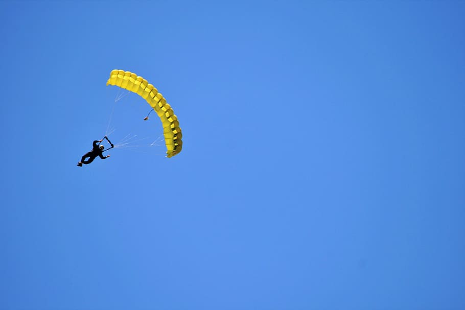 parachutist, skydiver, skydiving, sky, parachute, yellow, deployed, man, steering, sport
