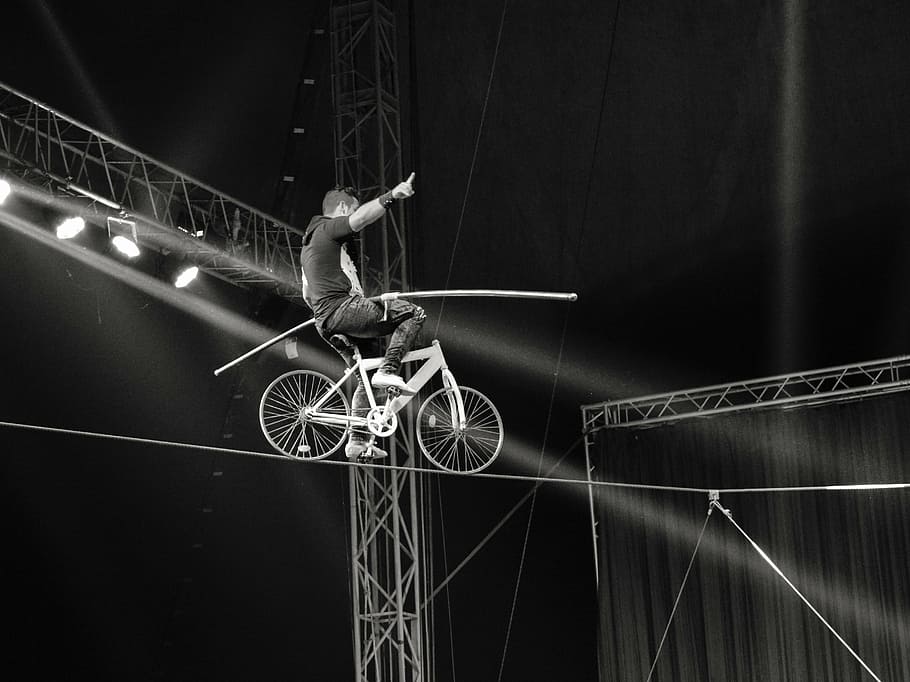 man, riding, bicycle, cable, rope walker, acrobat, rope, danger, risk, balance