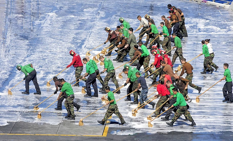 men's green tops, navy, sailors, cleaning, flight deck, wash down, aircraft carrier, nautical, ship, vessel