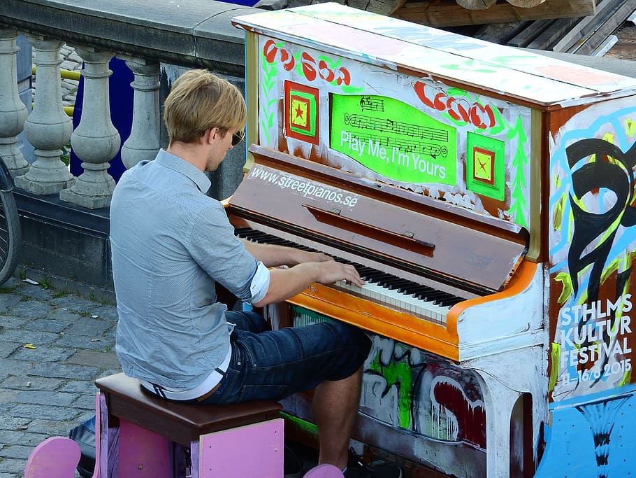man playing piano, piano, street, on the street, man, pianist, pianino, playing, keys, musician