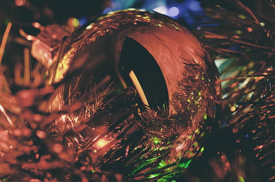 shallow, focus photo, bauble, gold, decor, close, photography, christmas, tree, ornaments