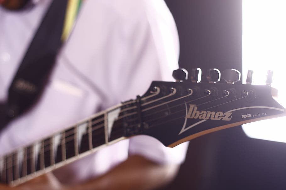 close-up photography, black, ibanez guitar, brown, ibanez, guitar, headstock, selective, focus, electric guitar
