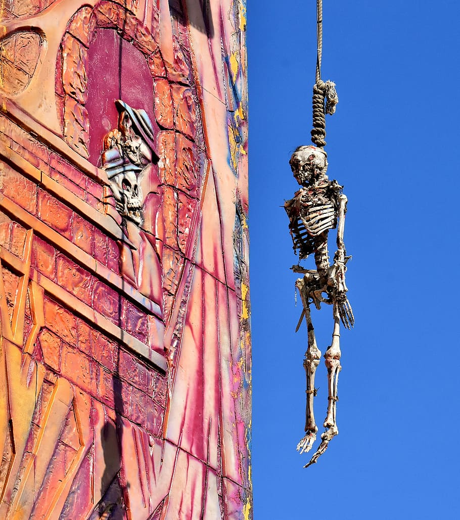skeleton, hanging, red, building, daytime, skeleltt, gallows, depend, rope, knitting