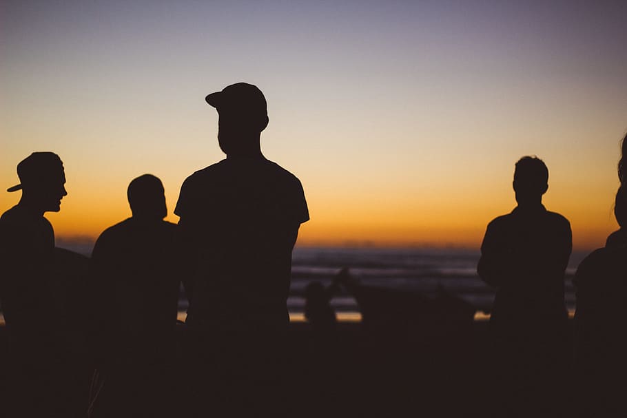 silhouette photography, five, person, gathered, together, people, guys, friends, beach, sunset