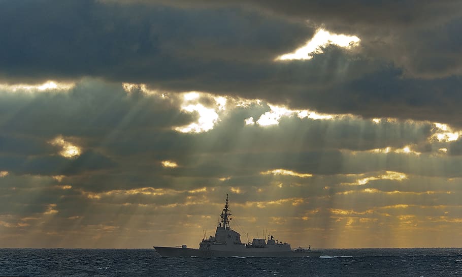 frigate, navy, military, rays, cloud, sun, light, ship, crepuscular, sunlight