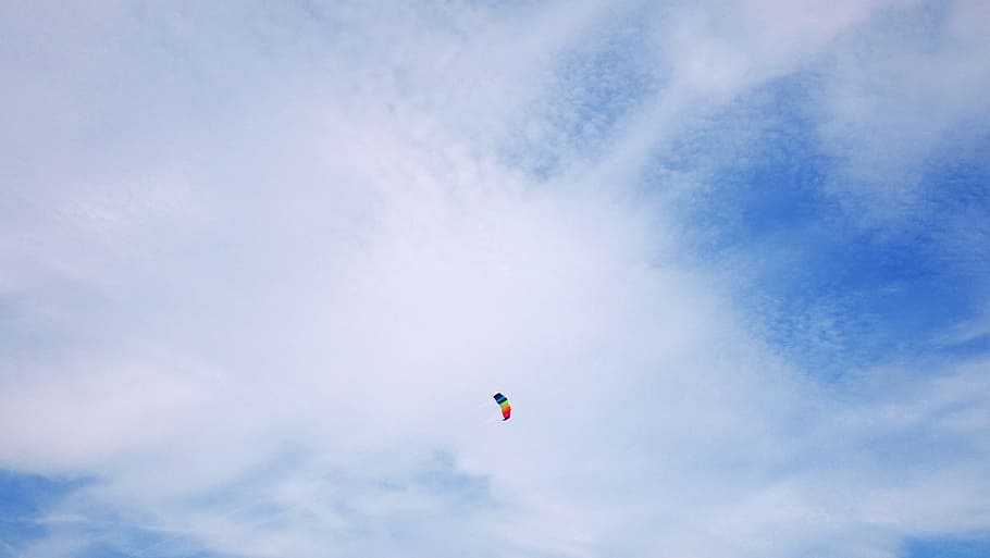 blue, sky, clouds, parachute, cloud - sky, low angle view, flying, mid-air, adventure, sport