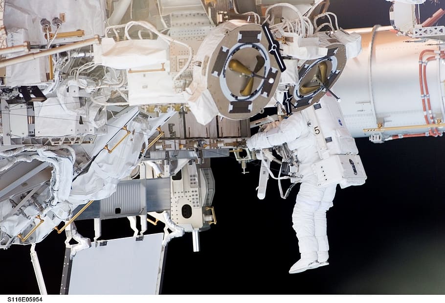 astronaut, spacewalk, space shuttle, tools, suit, pack, tether, floating, job, maintenance