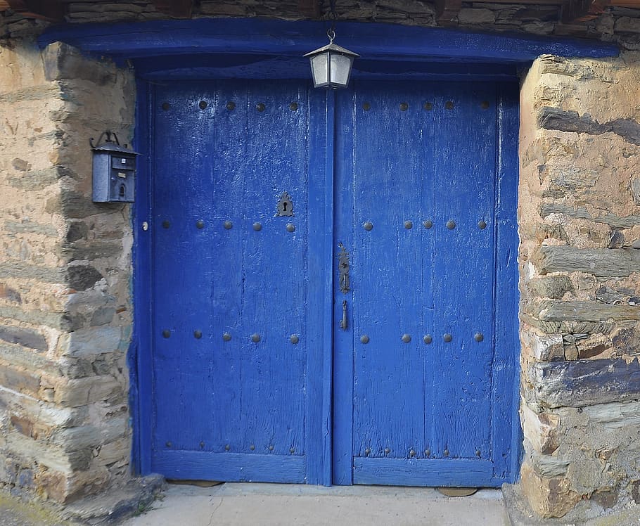 double doors, blue, entrance, exit, building, architecture, home, residential, doorway, wooden