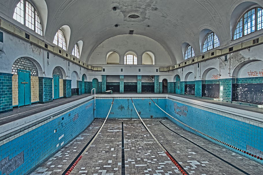 lost places, swimming pool, old, broken, abandoned, hdr, architecture, ailing, dilapidated, lapsed