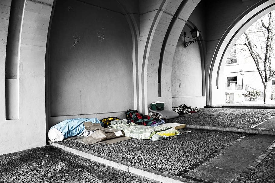 selective, photograph, shirt, tunnel, homeless, blankets, charity, poverty, under a bridge, stone floor