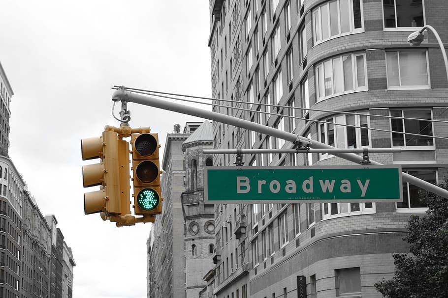 new york, broadway, usa, city, road, traffic lights, traffic, black and white, architecture, building exterior