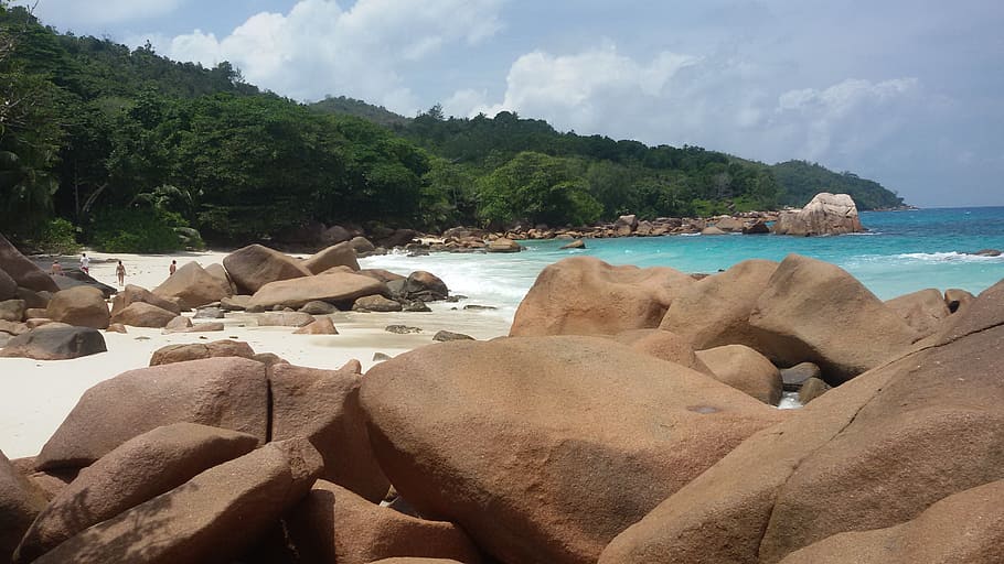 seychelles, anse lazio, praslin, water, sea, beach, land, rock, solid, rock - object
