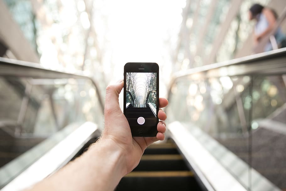 holding, smartphone, escalator, stairs, mobile, wireless, camera, city, urban, digital