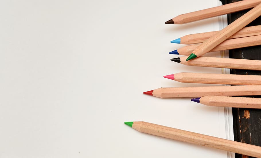 assorted-color, wooden, pencil, white, surface, pens, leaf, paint, school, colored pencils