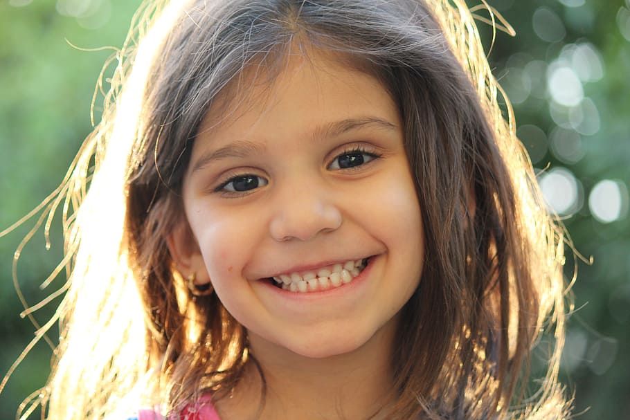 girl, pink, top, smiling, portrait, kid, cute, hair, sunlight, arab
