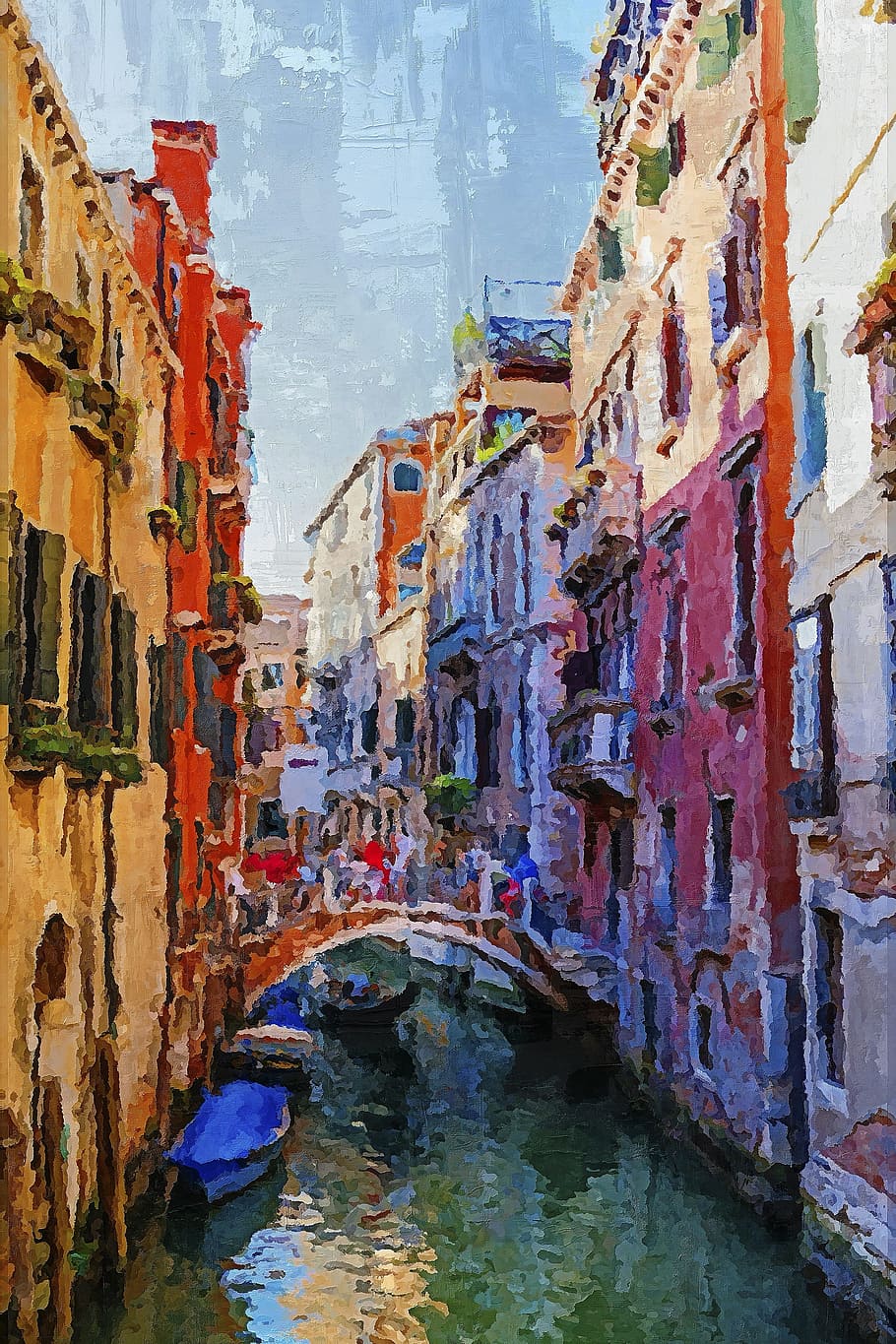 multicolored, city buildings painting, venice, italy, canal, bridge, gondola, sky, outdoors, europe