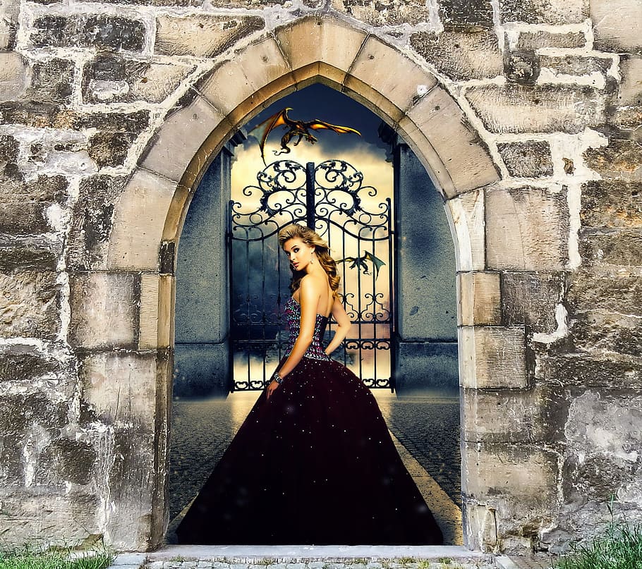 woman, black, dress, standing, front, castle gate, fantasy, princess, story, magic