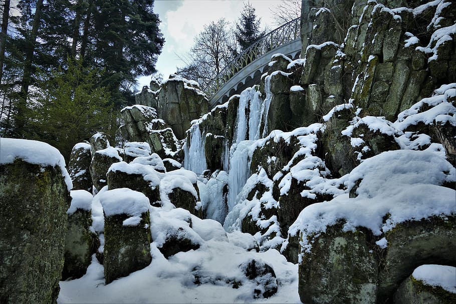frozen, waterfall, II, snow, cove, trees, rocks, winter, cold temperature, tree