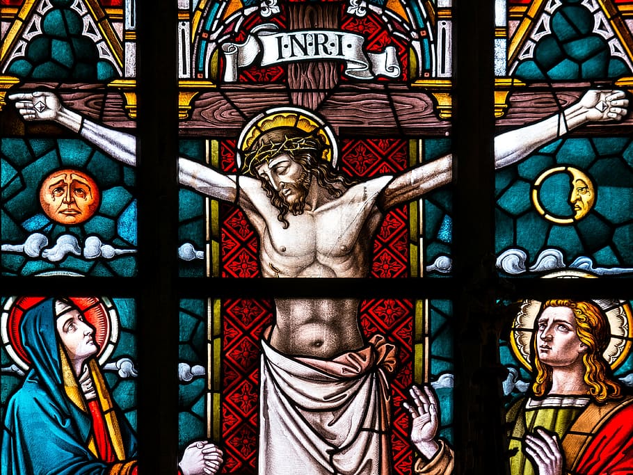 mosaico de vidrio crucifijo, viernes santo, crucifixión, ventana de la iglesia, vidrieras, vidriera, ventana, iglesia, jesús, cristo