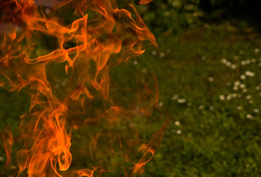 foto nyala api closeup, berbahaya, hati-hati, api, panas, barbekyu, kentang panggang, mangkuk api, menyalakan, asap