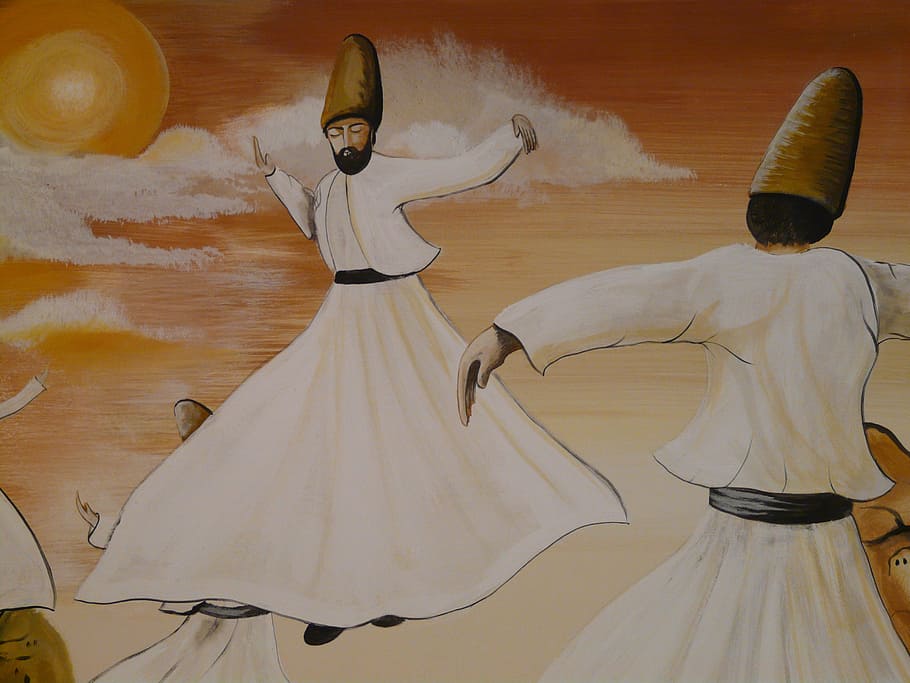 dervish dance painting, dance, dervishes, rotate towels, whirling dervish, cappadocia, turkey, painting, art and craft, representation