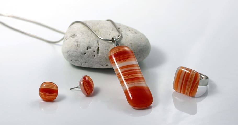 red-and-white, gemstone jewelry, set, white, surface, fused glass, glass, jewellery, red, orange