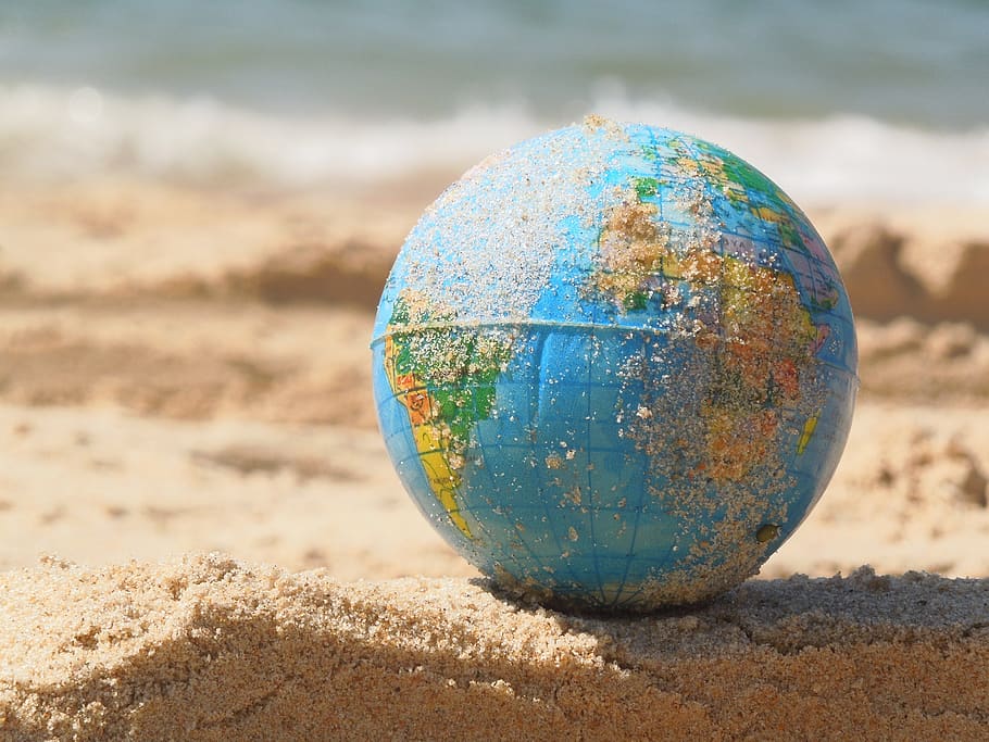 globe, sand, world, sea, beach, ball, earth, land, sphere, nature