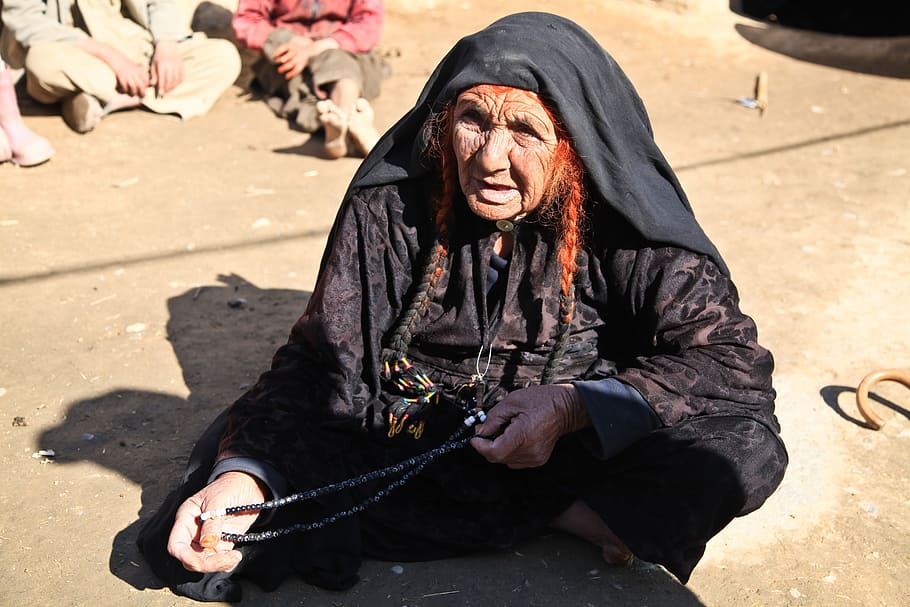 woman, sitting, holding, beaded, necklace, old, afghanistan, person, portrait, muslim