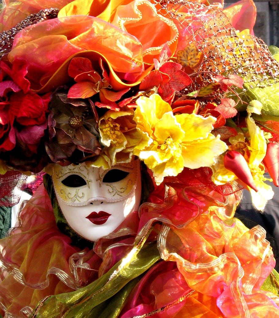 white, surrounded, artificial, flowers, Venice, Carnival, Mask, Costume, Italy, venice, carnival