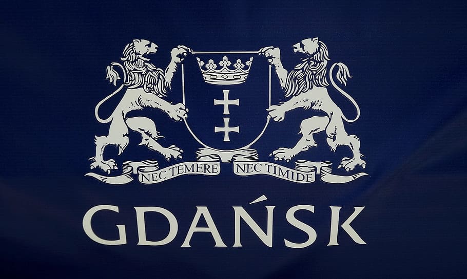 the emblem of the city, gdansk, color, blue, the background, graphics, material, text, architecture, history