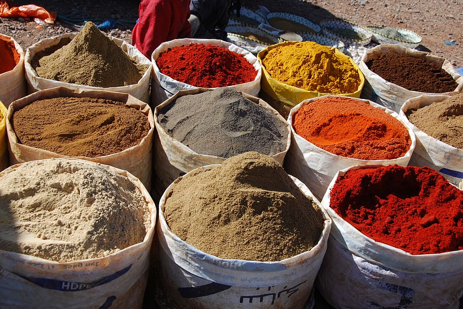 spice, morocco, market, oriental, pots, spices, variation, choice, ground - culinary, market stall