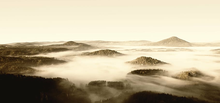 kabut, ceko-saxon switzerland, pegunungan, perjalanan, gunung, bepergian, scenics - alam, lingkungan, keindahan di alam, langit