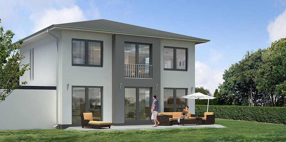 perspektif rumah putih, rumah keluarga tunggal, villa, render, visualisasi, arsitektur, visualisasi 3d, visualisasi arsitektur, lanskap, bangunan