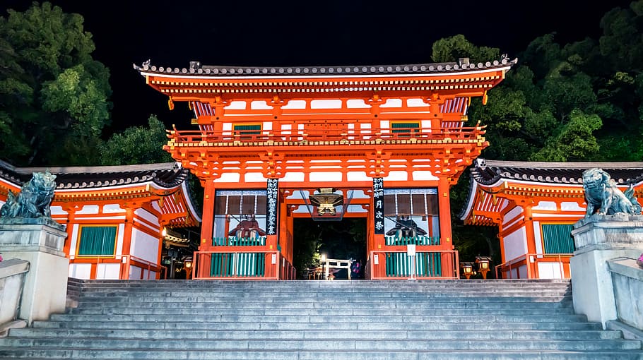 orange, green, pagoda, japan, gion, kyoto, yasaka-jinja shrine, architecture, night, japanese