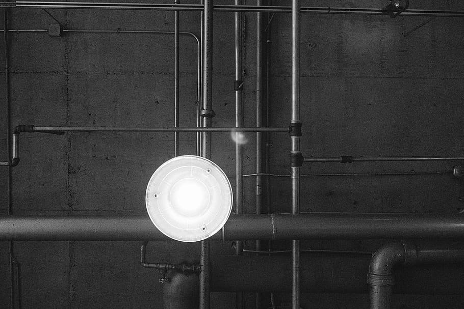 pipes, light, ceiling, indoors, lighting equipment, electricity, technology, illuminated, wall - building feature, metal