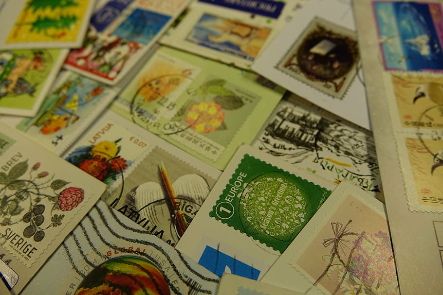selos postais, colete, carimbado, sair, cartão postal, selo, valores de marca, passatempo, fundos, selo postal