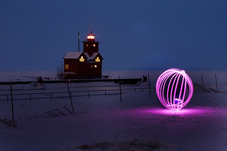 purple, led, ball light, field, orb, long exposure, lights, night, lighthouse, winter