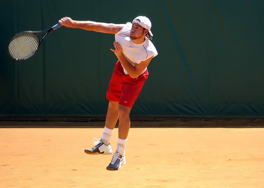man, wearing, white, shirt, red, shorts, Tennis, Player, Game, Hit