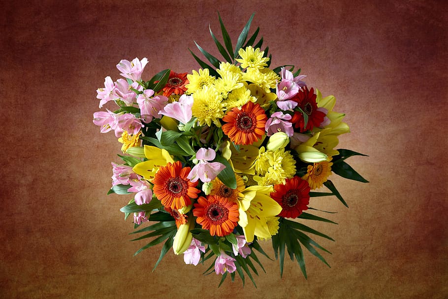foto close-up, kuning, oranye, rangkaian bunga petaled, buket, bunga, kegembiraan, kejutan, warna, cantik