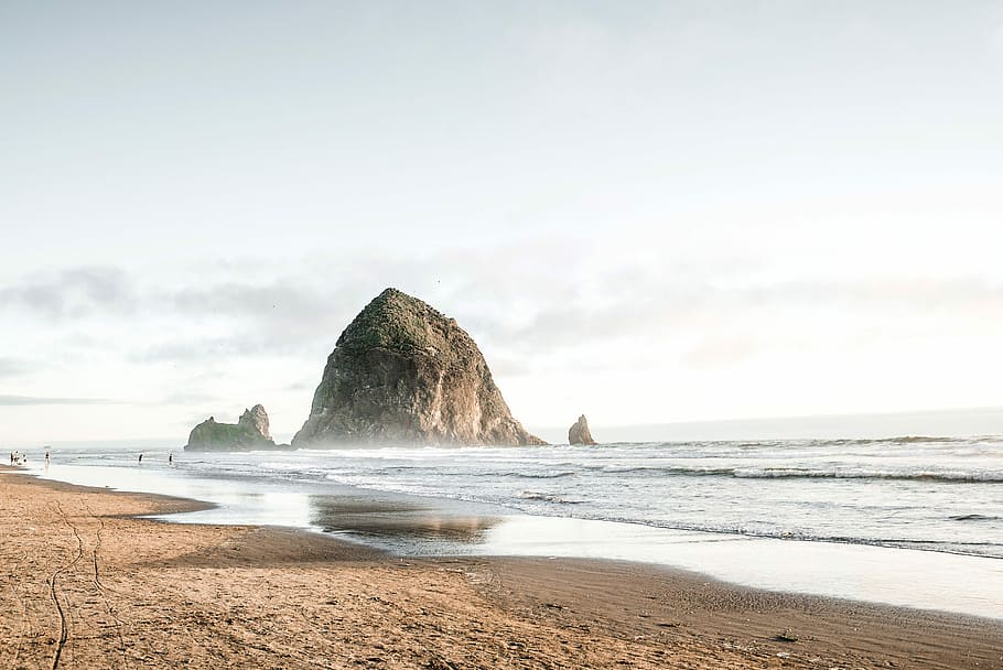 grande, naciente, Rock, el mar, Cannon Beach, Oregon, costa, fotos, gran roca, océano
