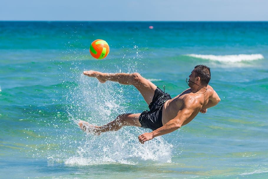 man, kicked, ball, body, water, beach, footbal, sea, summer, sand