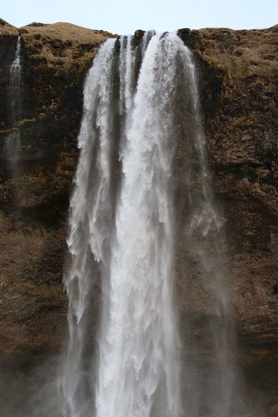 nature, waterfalls, raging, water, rocks, cliff, sky, waterfall, long exposure, motion