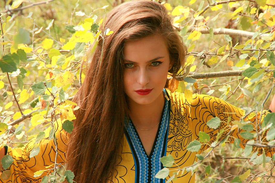 woman smirking, girl, autumn, leaves, portrait, vegetation, beauty, seductive, yellow, young adult