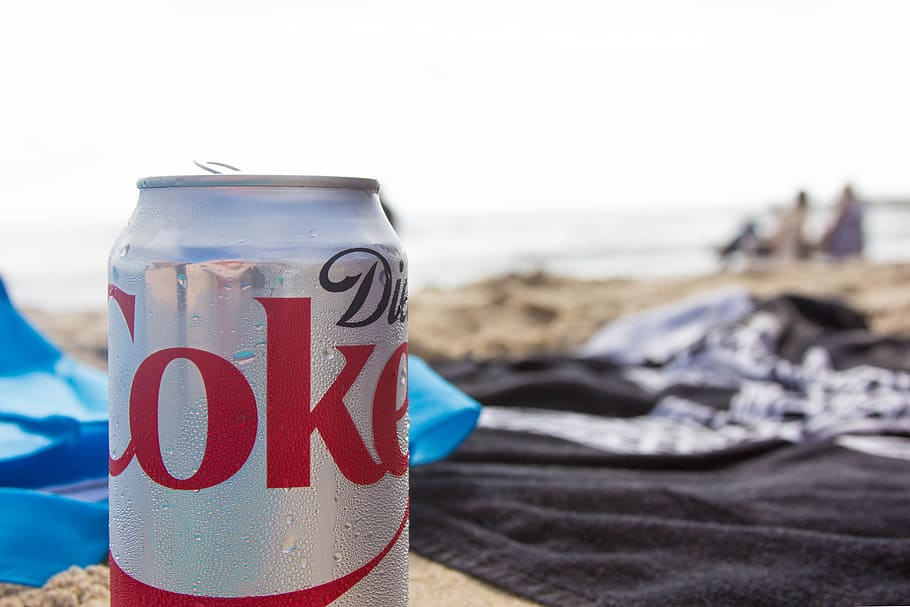 beach, soda, diet coke, ocean, sand, drink, coca cola, water, focus on foreground, sea