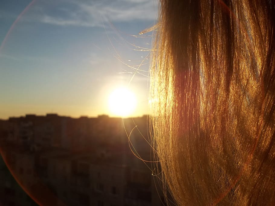 sunset, hair, city, heat, summer, girl, beauty, sky, one person, women