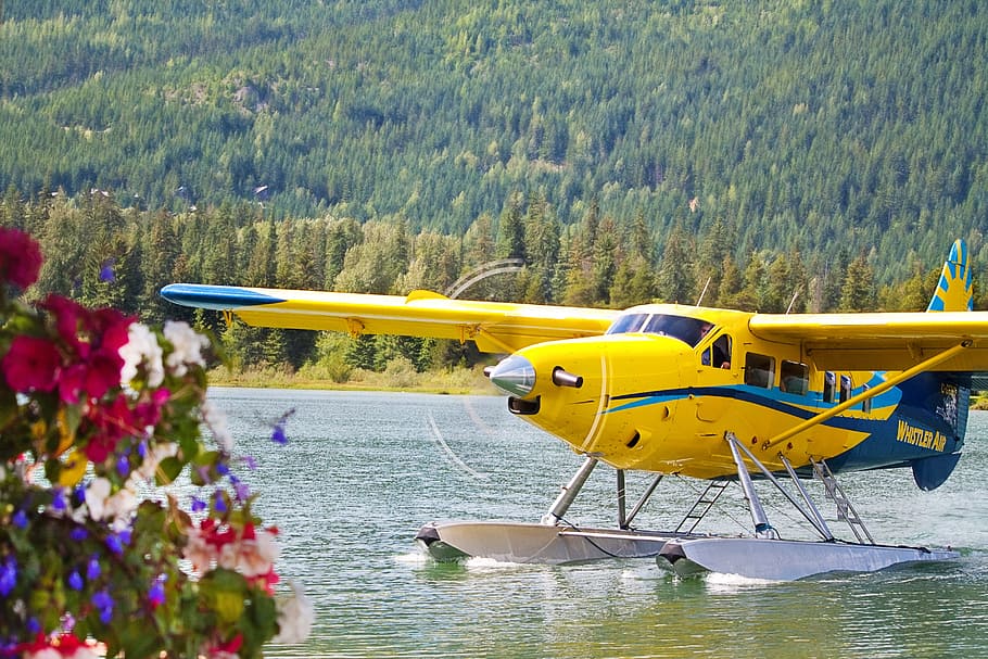 untitled, bi plane, bi-plane, small plane, yellow, water, plane, airplane, aircraft, vintage