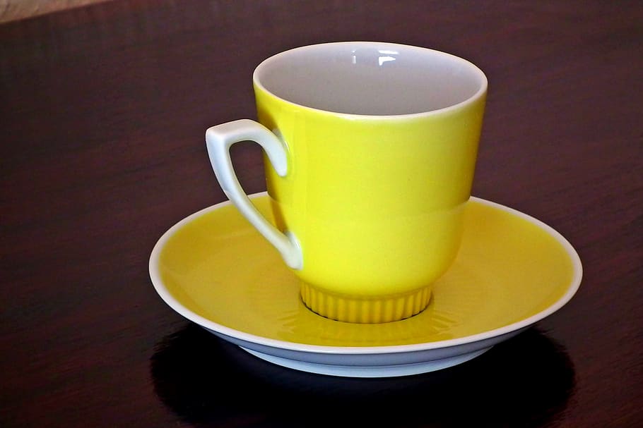 teacup, porcelain, yellow, coffee, drink, in the morning, heat, breakfast, cup, food and drink