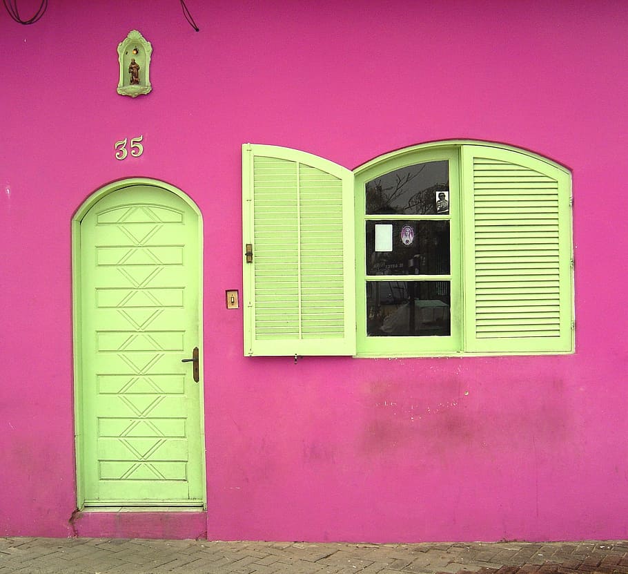 green, painted, door, window door, Facade, Pink, House, Home, pink, house, exterior